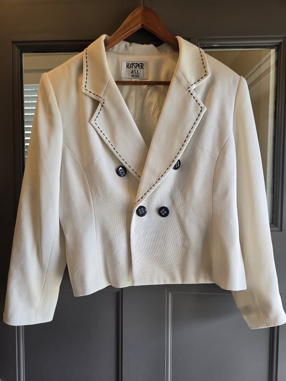 Vintage Kasper ASL Petite White Double Breasted Blazer Contrast Stitch Jacket M